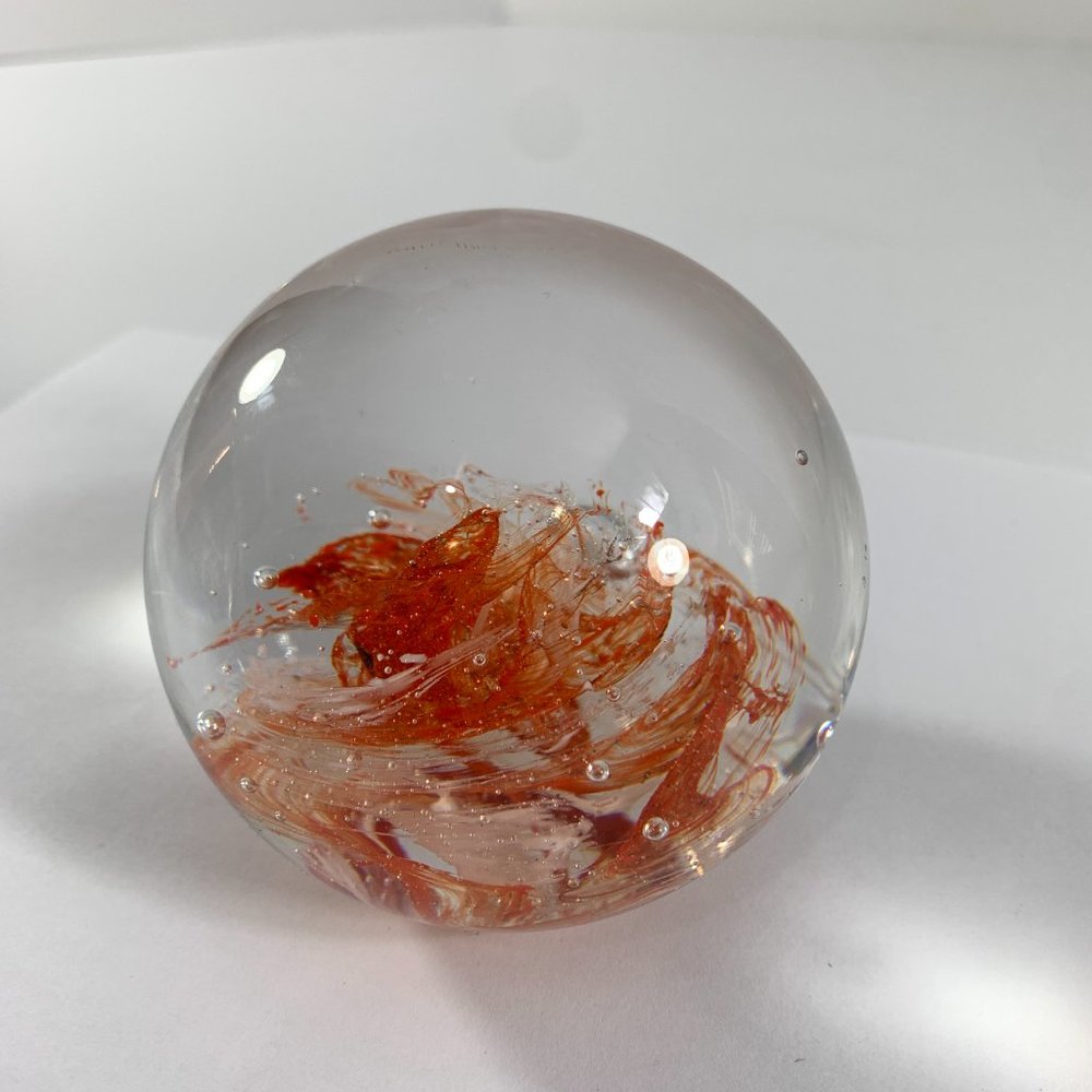 Round Art Glass Paperweight Clear Orange White Swirl Ball Bubbles 10" Around - Picture 4 of 9